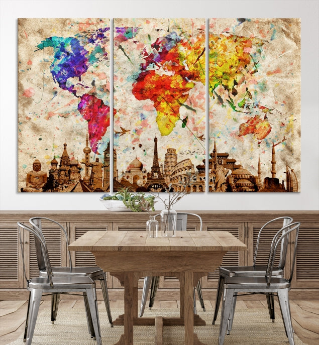 Large Map of the World with Landmarks Print Framed Canvas Wall Art