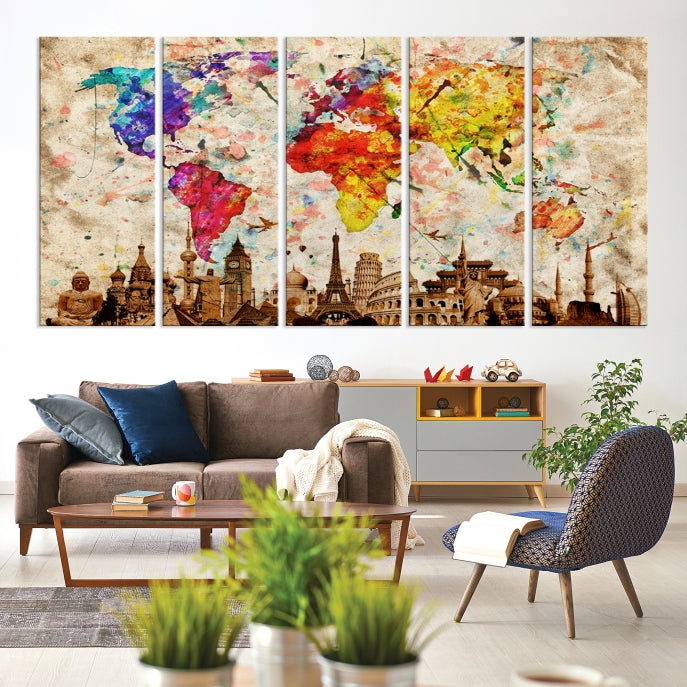 Large Map of the World with Landmarks Print Framed Canvas Wall Art