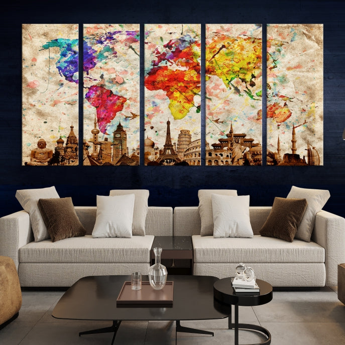 Large Map of the World with Landmarks Print Framed Canvas Wall Art