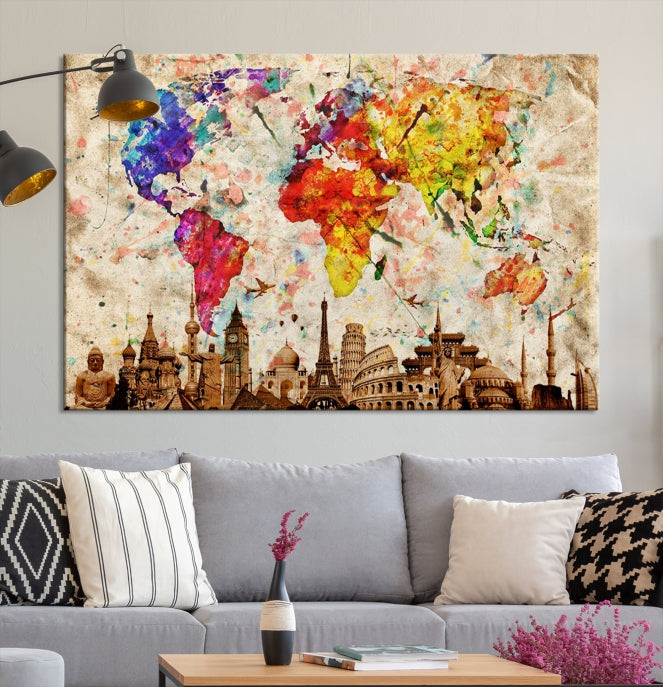 Large Map of the World with Landmarks Print Framed Canvas Wall Art