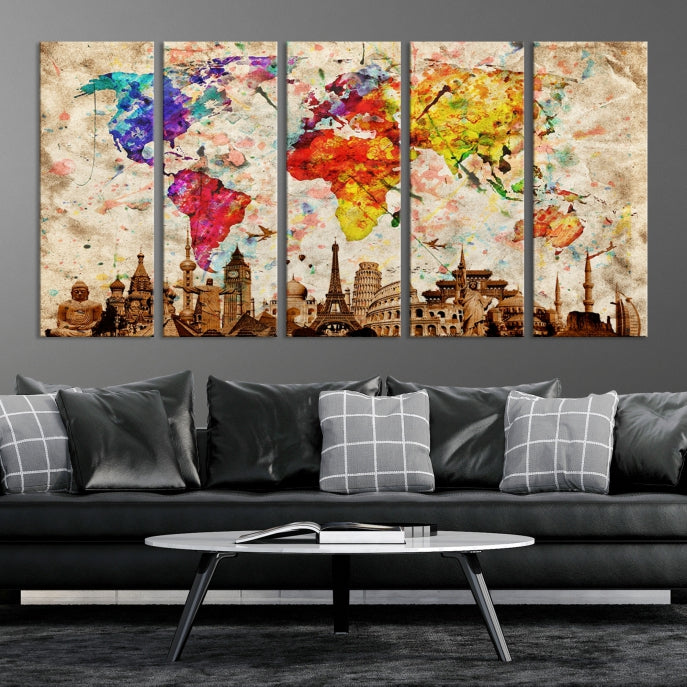 Large Map of the World with Landmarks Print Framed Canvas Wall Art