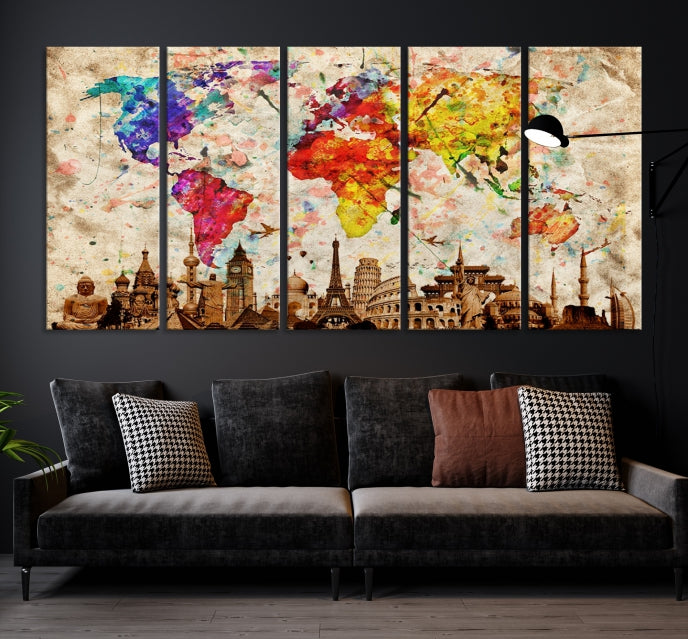 Large Map of the World with Landmarks Print Framed Canvas Wall Art