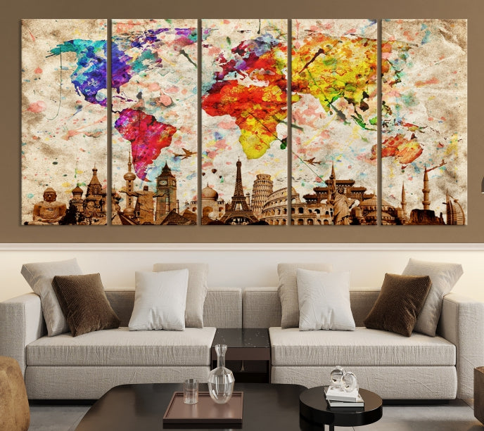 Large Map of the World with Landmarks Print Framed Canvas Wall Art