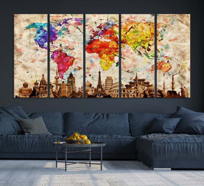 Large Map of the World with Landmarks Print Framed Canvas Wall Art