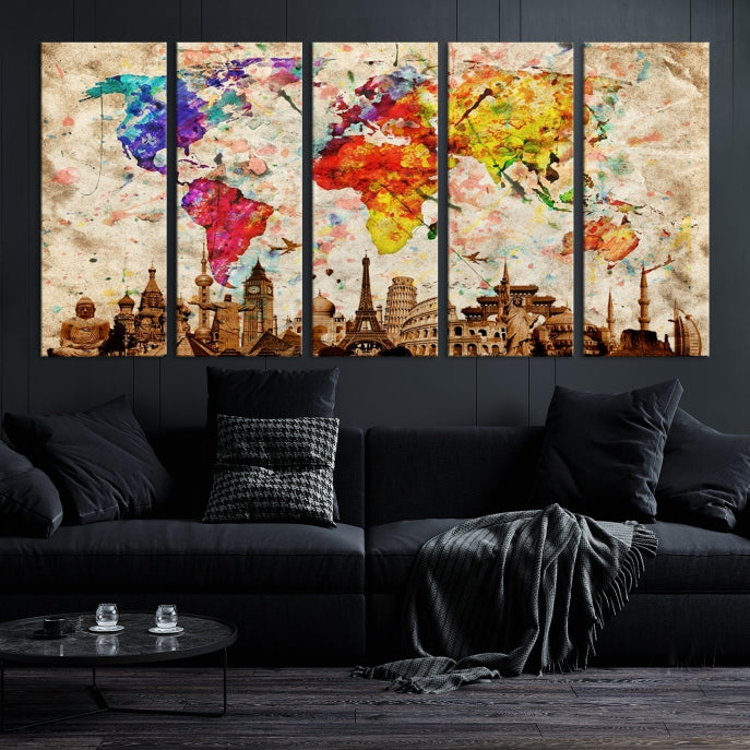 Large Map of the World with Landmarks Print Framed Canvas Wall Art