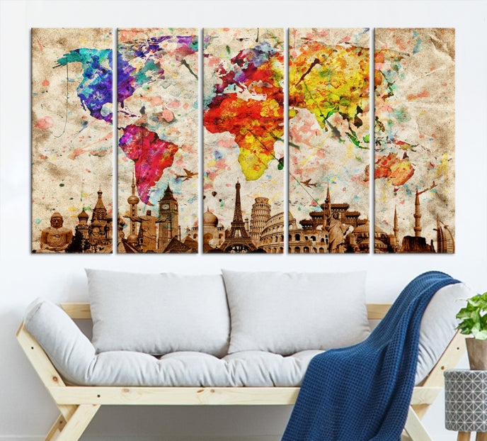 Large Map of the World with Landmarks Print Framed Canvas Wall Art