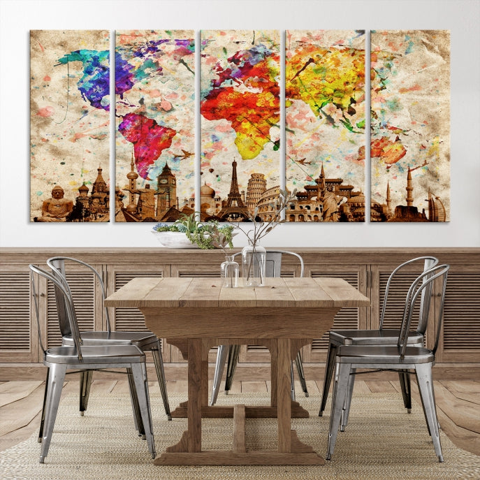 Large Map of the World with Landmarks Print Framed Canvas Wall Art