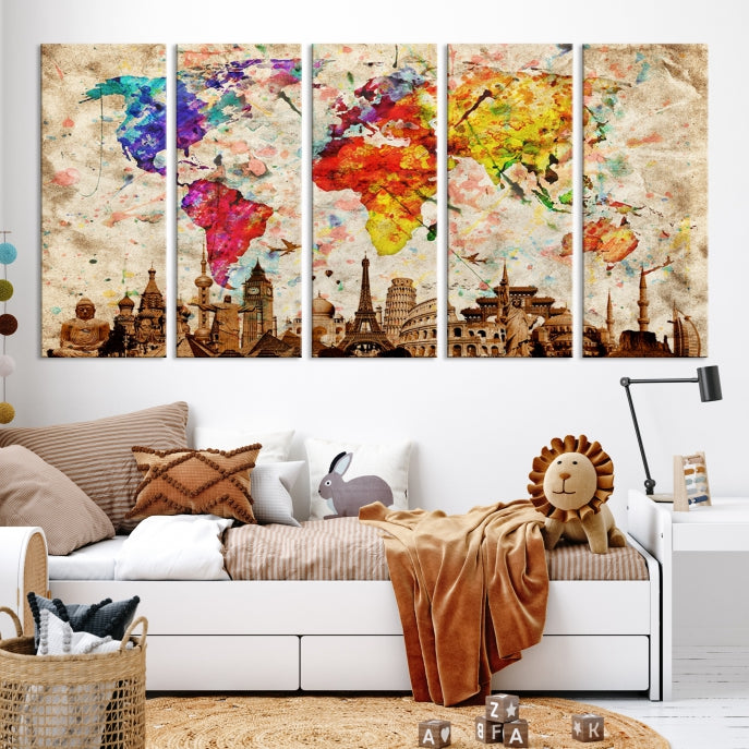 Large Map of the World with Landmarks Print Framed Canvas Wall Art