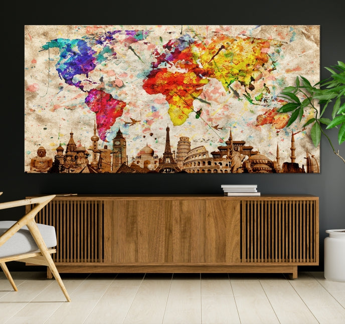 Large Map of the World with Landmarks Print Framed Canvas Wall Art