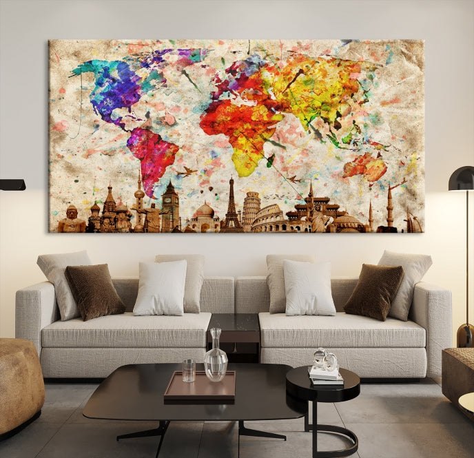 Large Map of the World with Landmarks Print Framed Canvas Wall Art