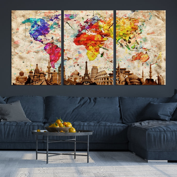 Large Map of the World with Landmarks Print Framed Canvas Wall Art