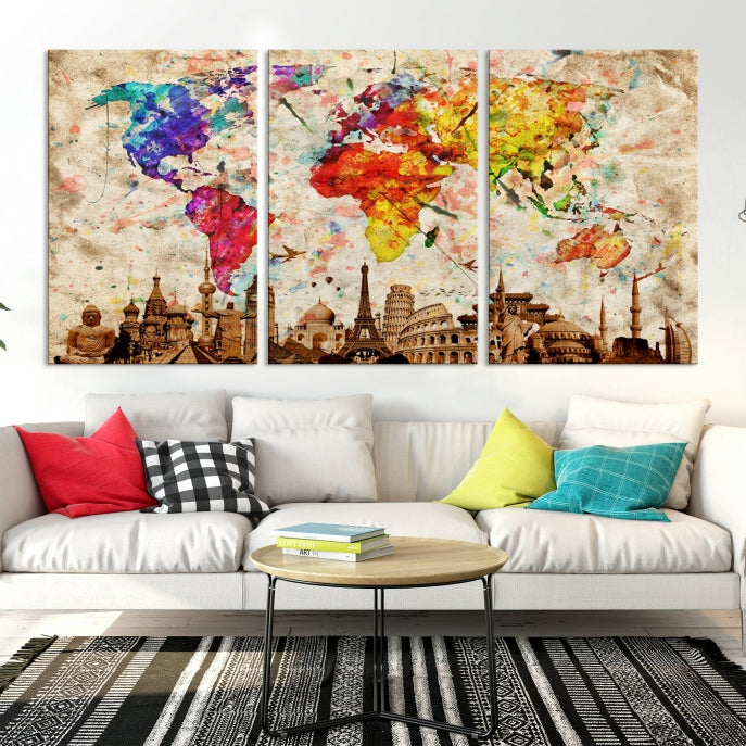 Large Map of the World with Landmarks Print Framed Canvas Wall Art