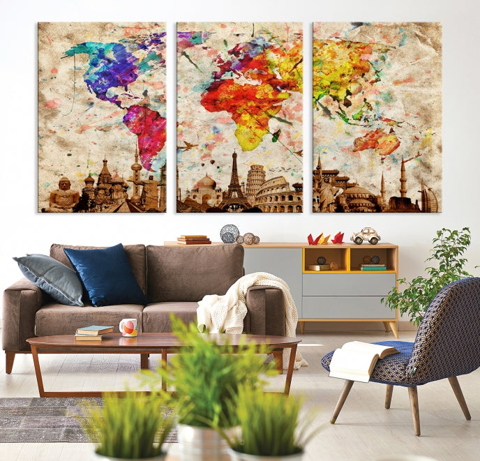 Large Map of the World with Landmarks Print Framed Canvas Wall Art