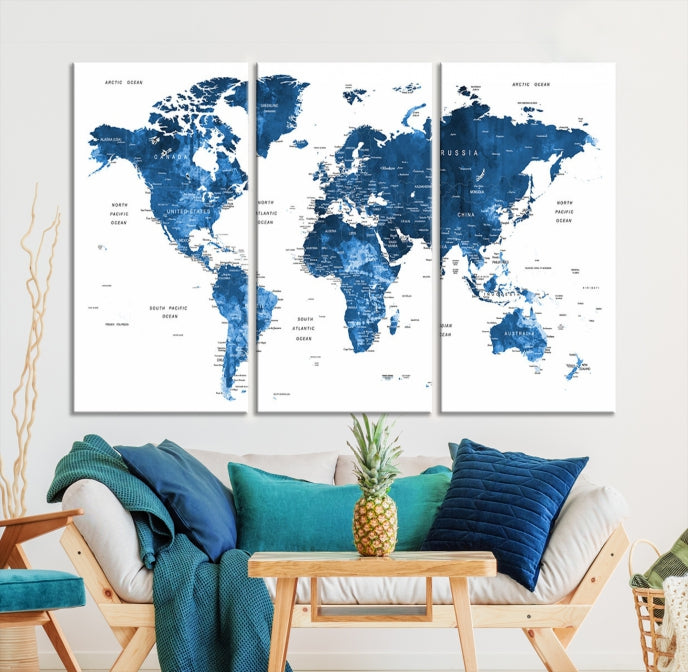 Large Navy Blue Watercolor Push Pin World Map Wall Art Framed Canvas Print