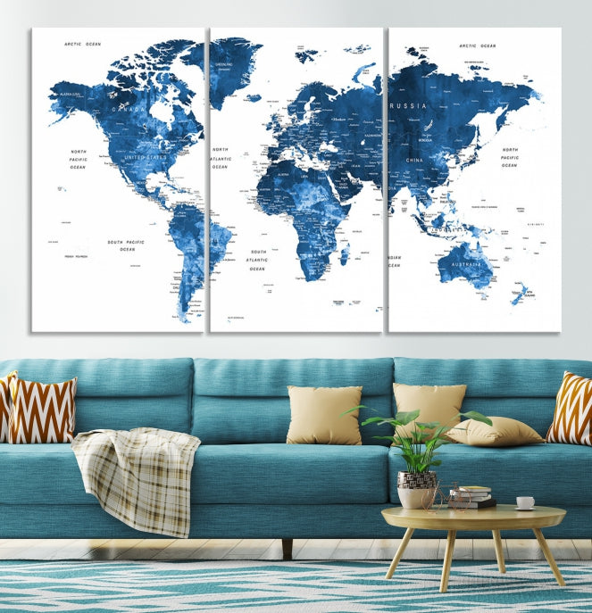 Large Navy Blue Watercolor Push Pin World Map Wall Art Framed Canvas Print