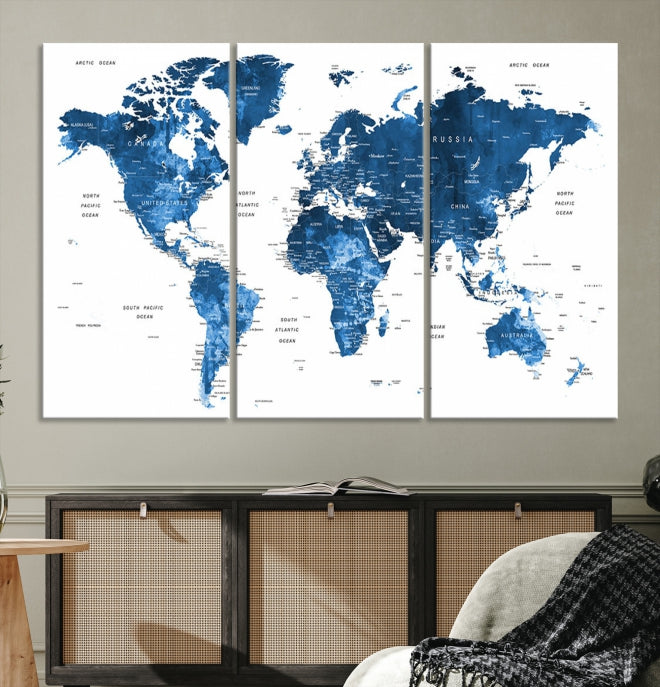 Large Navy Blue Watercolor Push Pin World Map Wall Art Framed Canvas Print