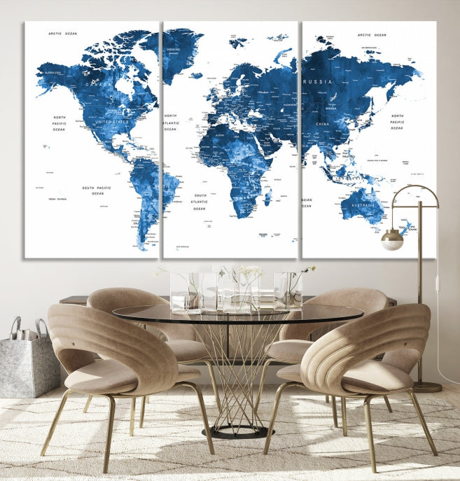 Large Navy Blue Watercolor Push Pin World Map Wall Art Framed Canvas Print