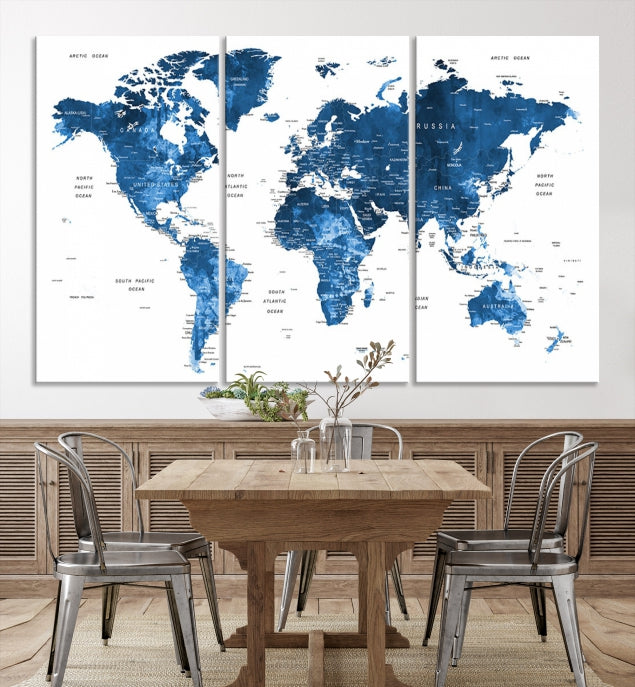 Large Navy Blue Watercolor Push Pin World Map Wall Art Framed Canvas Print