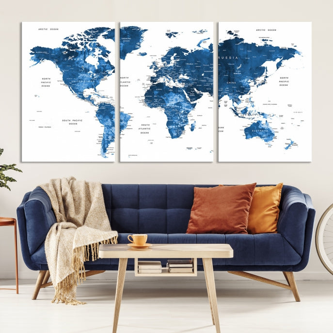 Large Navy Blue Watercolor Push Pin World Map Wall Art Framed Canvas Print