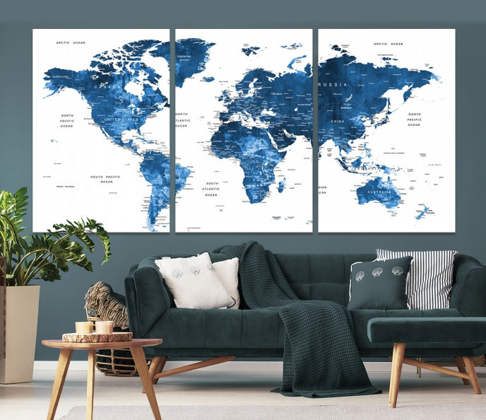 Large Navy Blue Watercolor Push Pin World Map Wall Art Framed Canvas Print