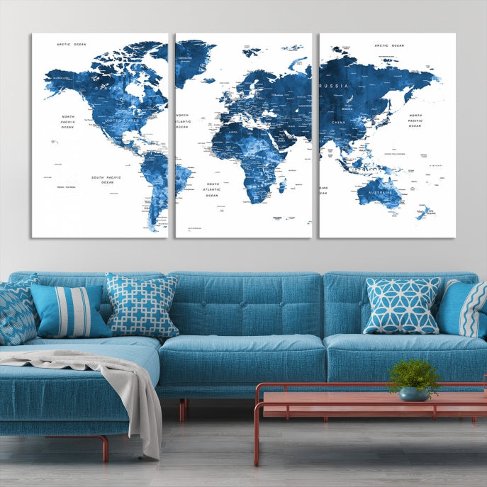 Large Navy Blue Watercolor Push Pin World Map Wall Art Framed Canvas Print