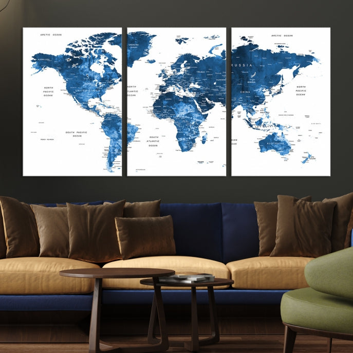 Large Navy Blue Watercolor Push Pin World Map Wall Art Framed Canvas Print