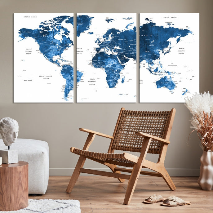 Large Navy Blue Watercolor Push Pin World Map Wall Art Framed Canvas Print