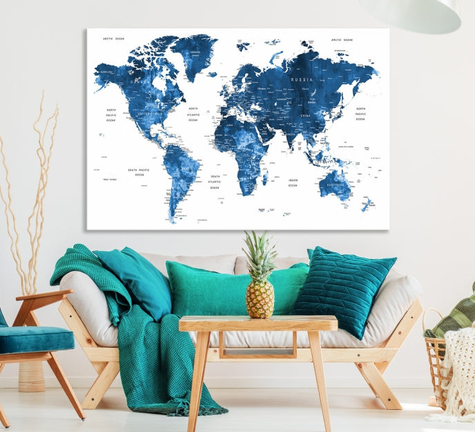 Large Navy Blue Watercolor Push Pin World Map Wall Art Framed Canvas Print