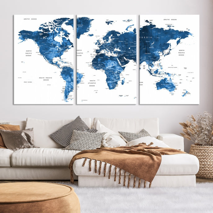 Large Navy Blue Watercolor Push Pin World Map Wall Art Framed Canvas Print