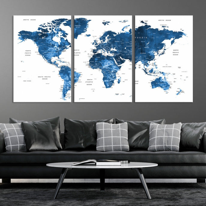 Large Navy Blue Watercolor Push Pin World Map Wall Art Framed Canvas Print