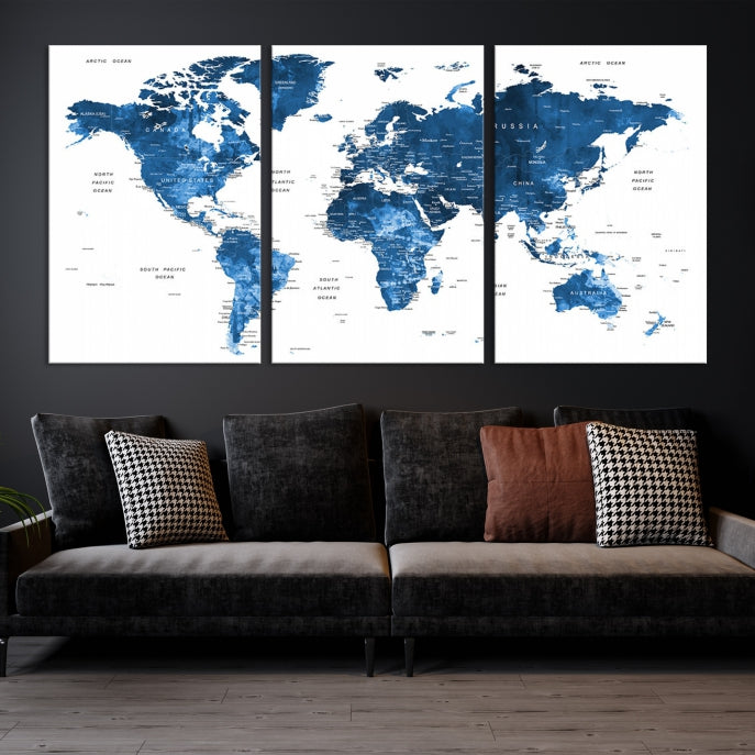 Large Navy Blue Watercolor Push Pin World Map Wall Art Framed Canvas Print