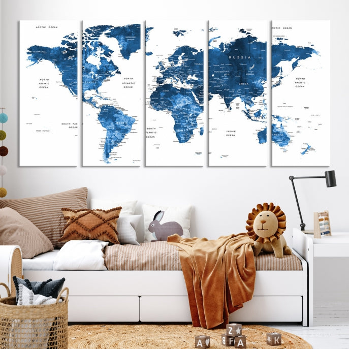 Large Navy Blue Watercolor Push Pin World Map Wall Art Framed Canvas Print