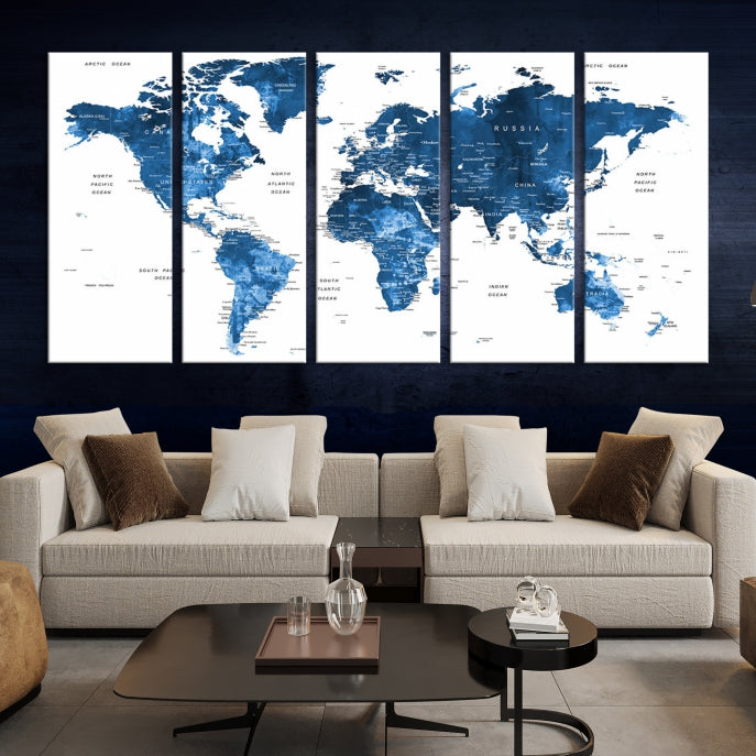 Large Navy Blue Watercolor Push Pin World Map Wall Art Framed Canvas Print