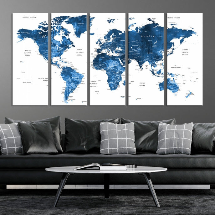 Large Navy Blue Watercolor Push Pin World Map Wall Art Framed Canvas Print