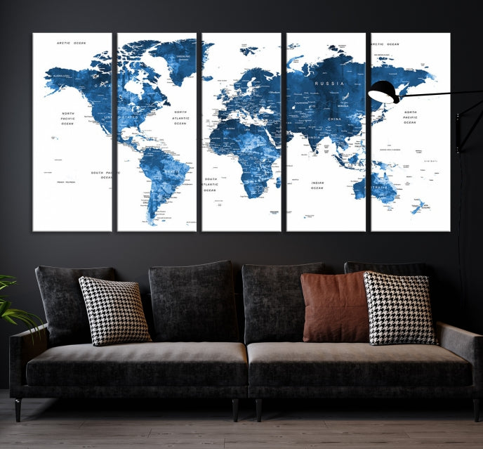 Large Navy Blue Watercolor Push Pin World Map Wall Art Framed Canvas Print