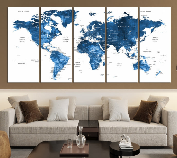 Large Navy Blue Watercolor Push Pin World Map Wall Art Framed Canvas Print