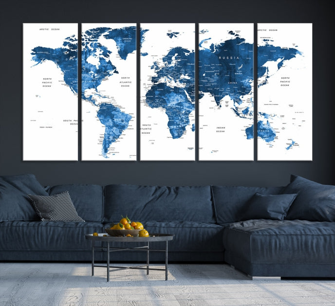 Large Navy Blue Watercolor Push Pin World Map Wall Art Framed Canvas Print