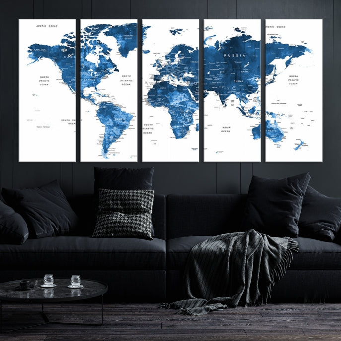 Large Navy Blue Watercolor Push Pin World Map Wall Art Framed Canvas Print