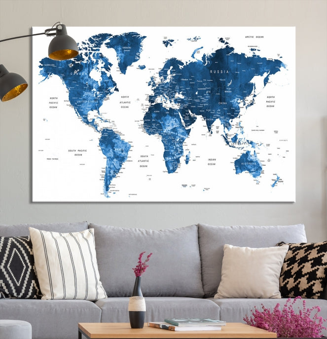 Large Navy Blue Watercolor Push Pin World Map Wall Art Framed Canvas Print