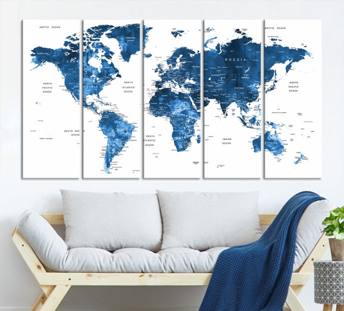 Large Navy Blue Watercolor Push Pin World Map Wall Art Framed Canvas Print