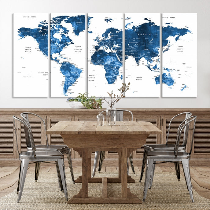 Large Navy Blue Watercolor Push Pin World Map Wall Art Framed Canvas Print