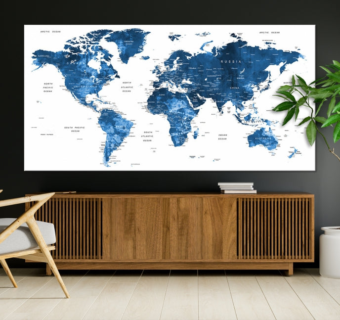 Large Navy Blue Watercolor Push Pin World Map Wall Art Framed Canvas Print