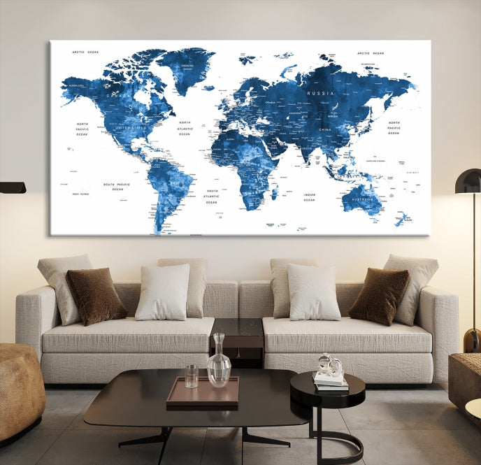 Large Navy Blue Watercolor Push Pin World Map Wall Art Framed Canvas Print