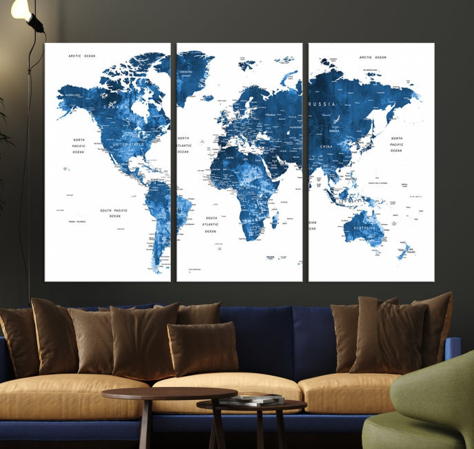 Large Navy Blue Watercolor Push Pin World Map Wall Art Framed Canvas Print