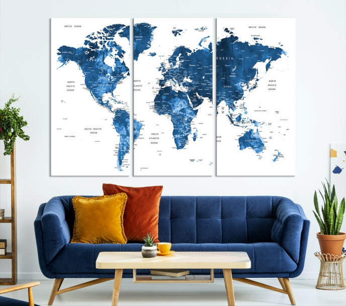 Large Navy Blue Watercolor Push Pin World Map Wall Art Framed Canvas Print