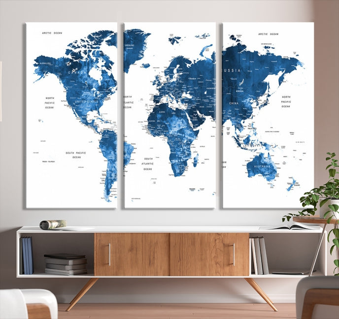 Large Navy Blue Watercolor Push Pin World Map Wall Art Framed Canvas Print