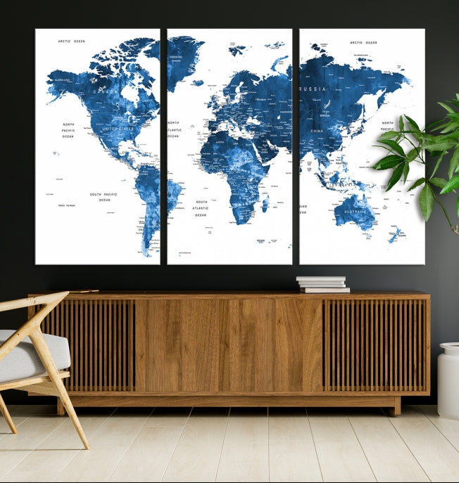 Large Navy Blue Watercolor Push Pin World Map Wall Art Framed Canvas Print