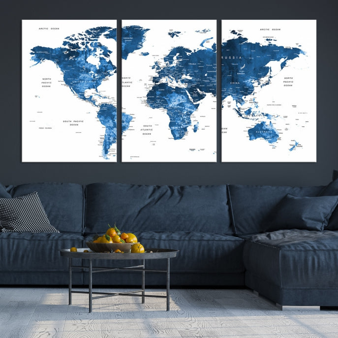 Large Navy Blue Watercolor Push Pin World Map Wall Art Framed Canvas Print