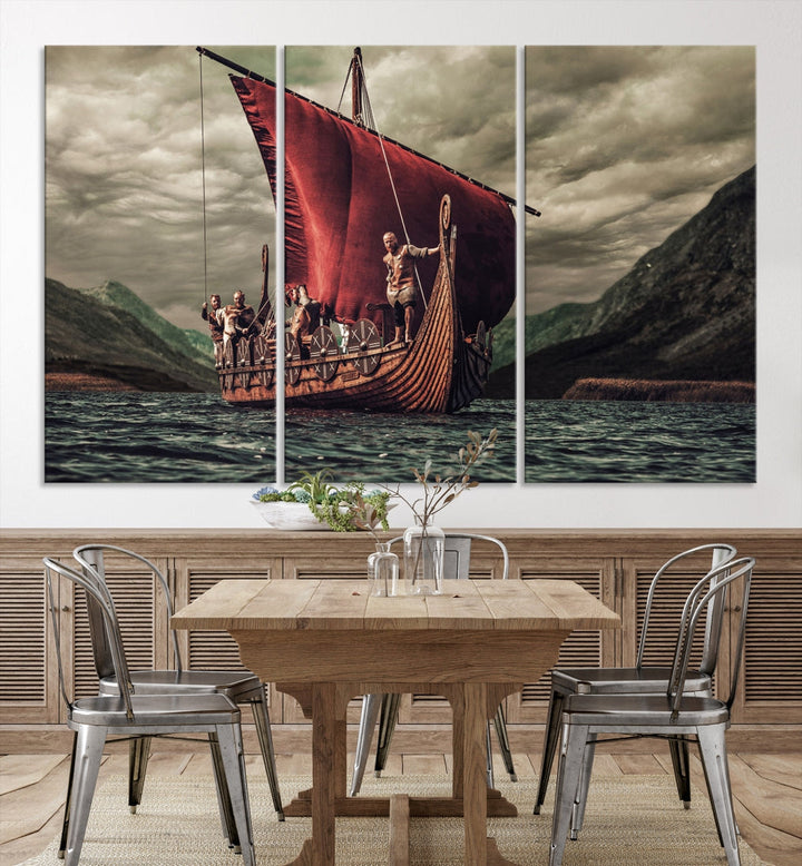 Large Old Viking Ship Wall Art Canvas Print Nautical Art Painting Ocean Seascape Sailing Art Multi Piece Canvas Art