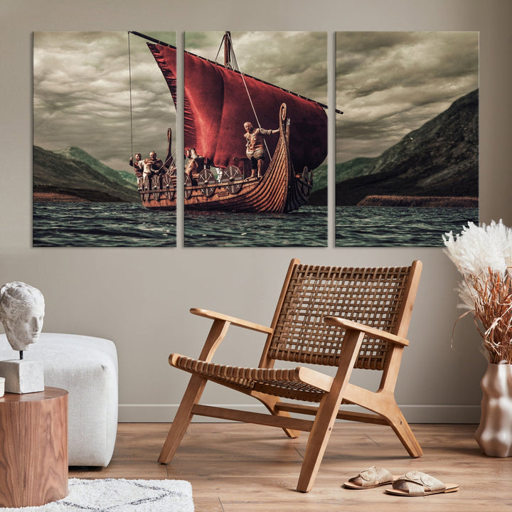 Large Old Viking Ship Wall Art Canvas Print Nautical Art Painting Ocean Seascape Sailing Art Multi Piece Canvas Art